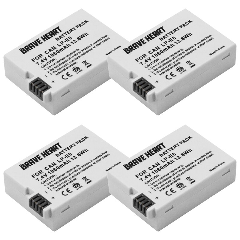 Batería para cámara Canon EOS 550D 600D 650D 700D Kiss X4 X5 X6i X7i Rebel T2i T3i T4i T5i, LP-E8 de 1860mah, 2 piezas: 4battery