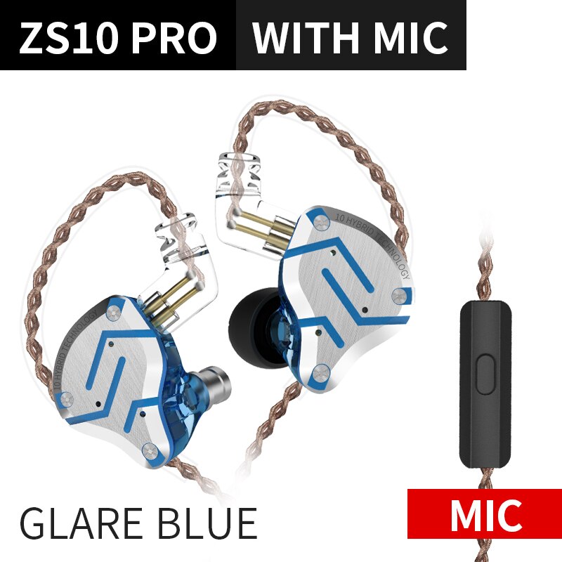 KZ ZS10PRO Pro 4BA 1DD Hybrid Earphone headset HIFI Monitor Earbuds In Ear Earphone Earbuds for KZ AS10 ZSN ZS10 PRO ZST ZS5: Glare blue with mic