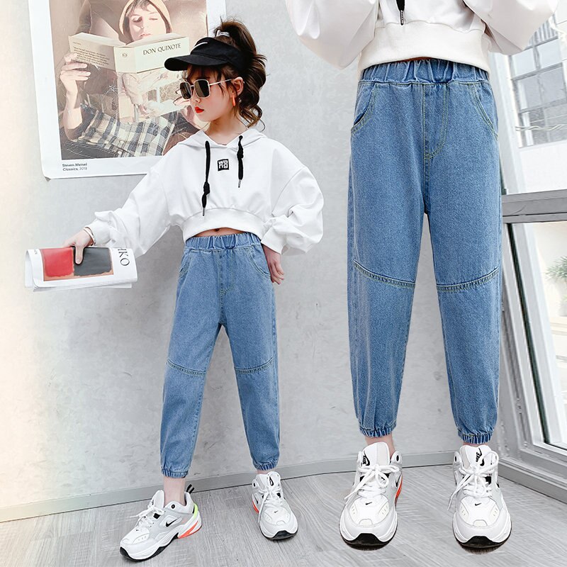 Spring Autumn Loose Leisure Jeans For Girls Children Blue Jeans Sport Kids Female Denim Pencil Trousers 4-13Years Old