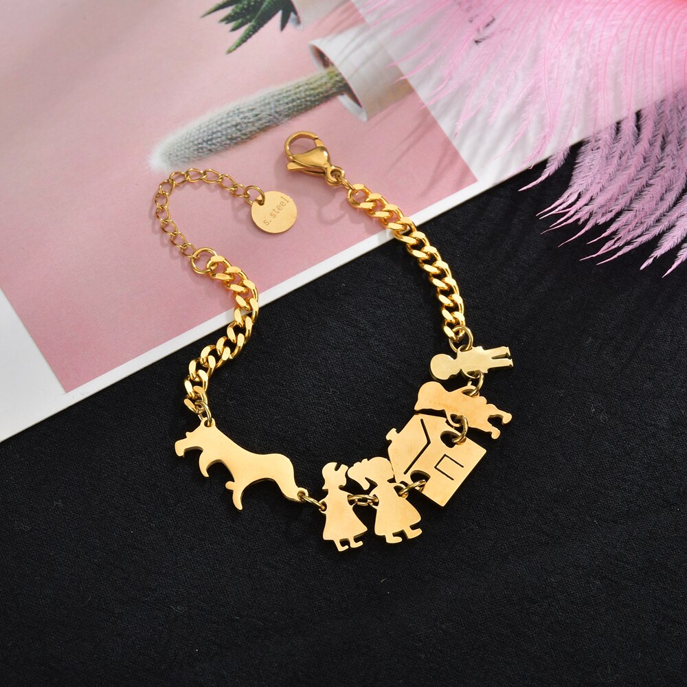 Diamon Familie Dikke Ketting Armband Rvs Gold Vader Moeder Hond Kids Huis Armbanden Vriendschap