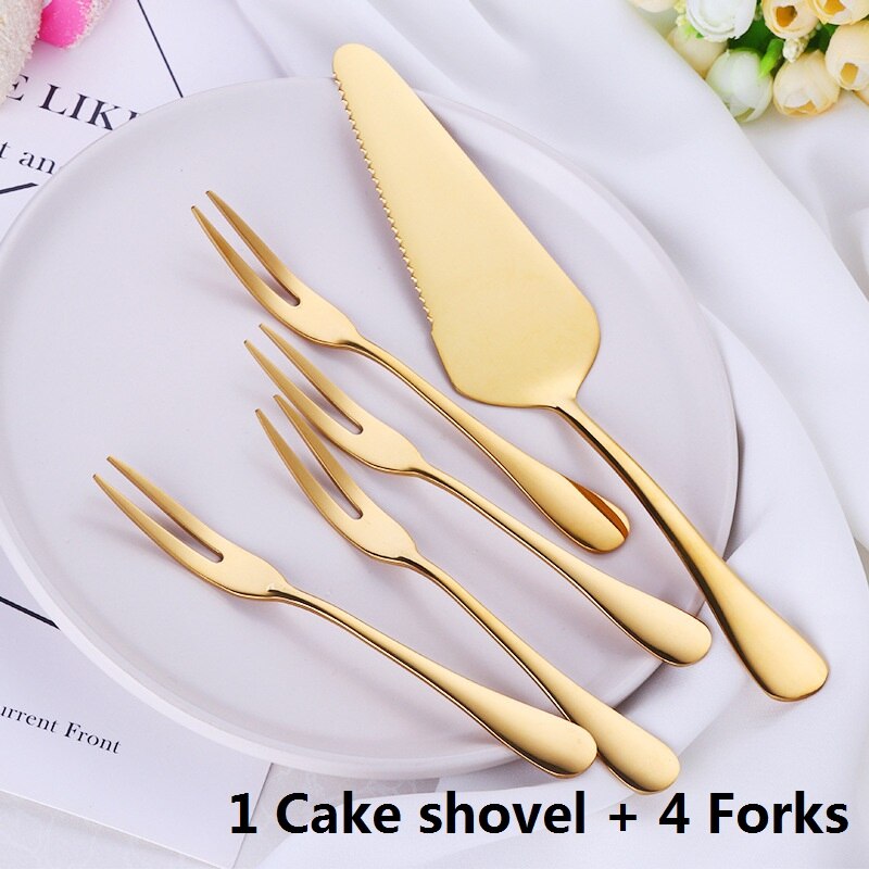 Goldene Überzogene 18/10 Edelstahl Kuchen Schaufel Messer Gabel einstellen Hochzeit Kuchen Nachtisch Salat Obst Mini Gabeln Gold Besteck Besteck: 1 Kuchen Schaufel 4 Gabel