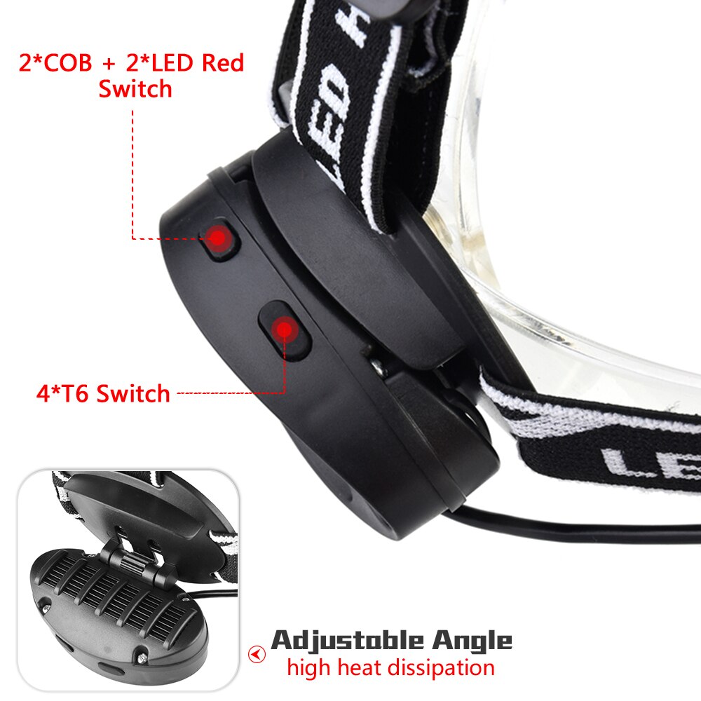 Koplamp 5000 Lumen koplamp 4 * XM-T6 + 2 * COB + 2 * Rode LED Head Lamp Zaklamp fakkel Lanterna met batterijen oplader