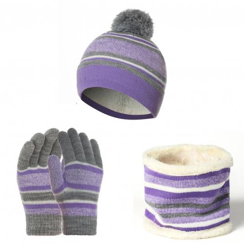 Gorros de invierno para niños, Kit de guantes de algodón, hilo de lana tejido, Gorro con pompón, cálido, bufandas, guante, conjunto de tres piezas: Púrpura claro