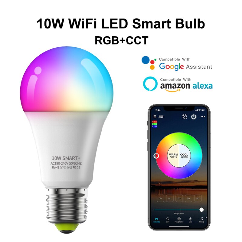 10W E27 WiFi Smart Bulb Work With Alexa RGB Colorful Dimmable Timer Function Magic Light Remote Controller Lamp Night Light