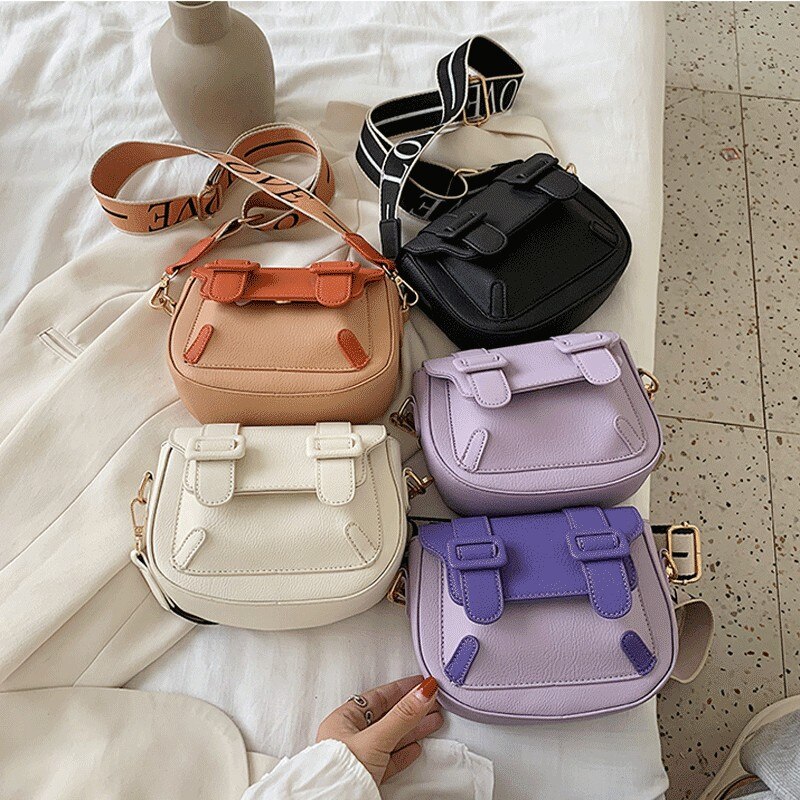 Female Wide Strap Shoulder Bag Solid Color Crossbody Bags For Women Exquisite INS Saddle Bag