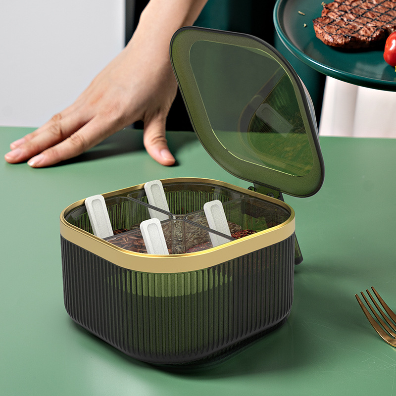 Seasoning Organizer Box Salt and Pepper Set Integrated 4 Grid with Spoon Spice Jar Condiment Dispenser Kitchen Home Container
