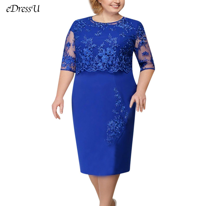 Dam plus size spets kvällsklänning blå klänning till brudens mor o-ringad klänning för bröllopsgäster km -1825