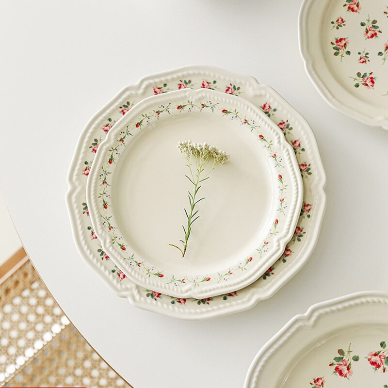 Floriferous Dessert Plate Embossed Edge Dinner Plates Dishes Household Ceramic Plate And Bowls Simple White Tableware