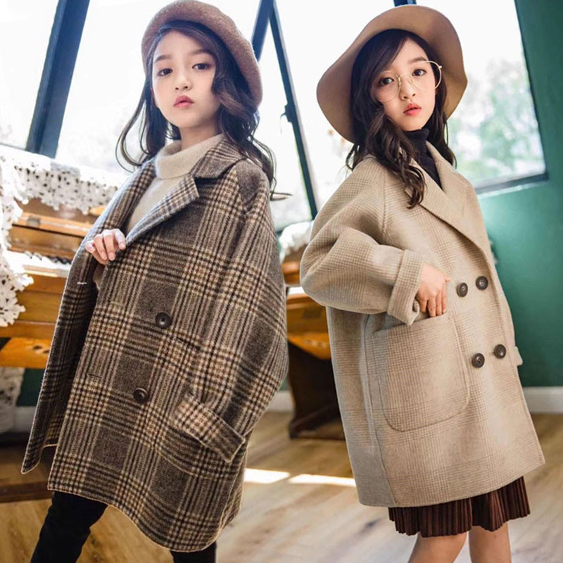 neue Herbst Winter freundlicher Mädchen Baumwolle Lange Jacken freundlicher Revers Plaid Wolle Mantel Teenager Mädchen lässig warm Wolle Outwear k18