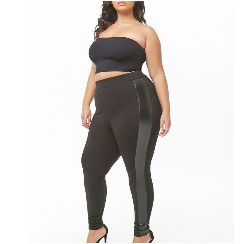 Plus size højtaljet fitness leggings efterår slankende 4xl 5xl sort pu læder patchwork legging anti cellulite bukser til kvinder
