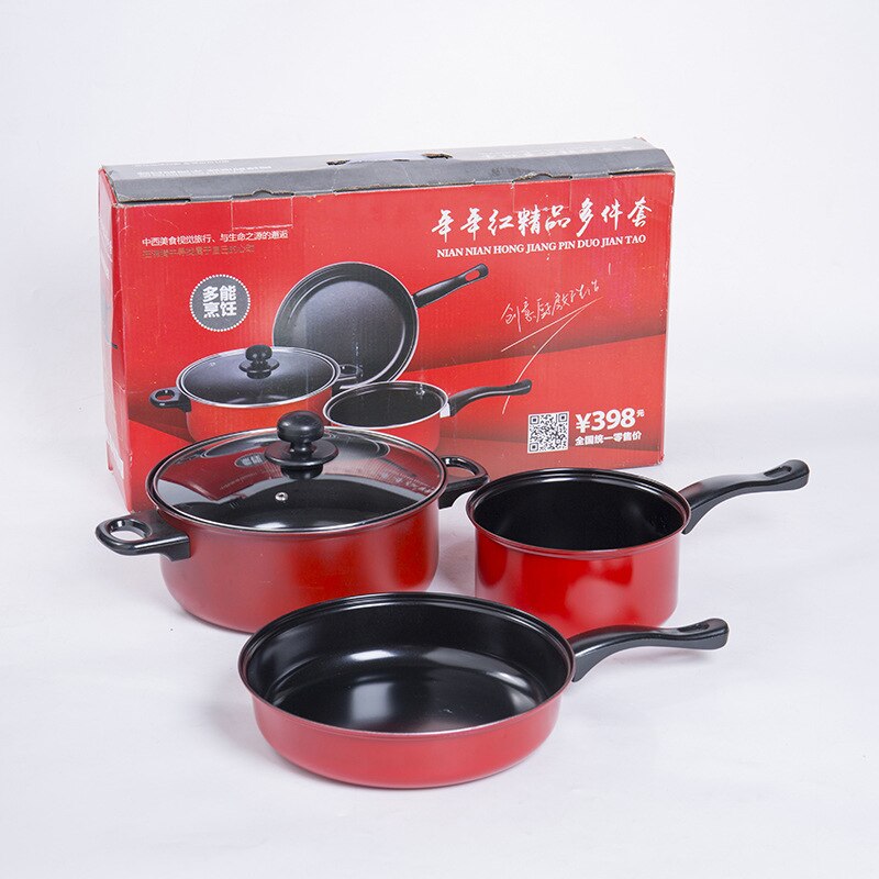 Three-piece Soup pot Milk pot frying pan Non-stick pan Non-stick fry pan Frying-pan: Red