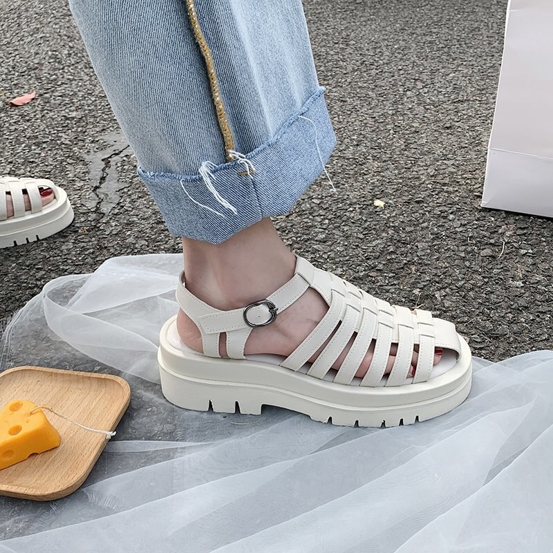 Women Sandals Gladiator Shoes Round Toe Platform Flat Sandals T-Strap Brand Ladies Footwear Black 40 AC941