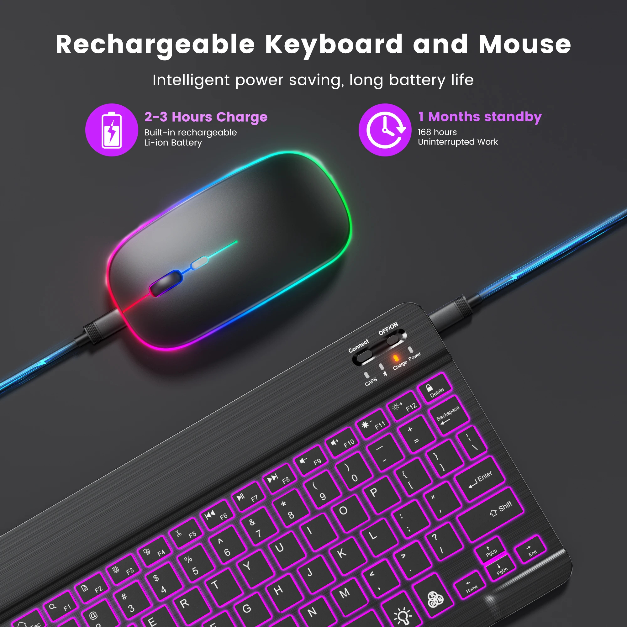 Tastatur- und Maus-Set, Bluetooth-Tastatur + kabellose Bluetooth/2,4 G-Maus, RGB-Tastatur mit Hintergrundbeleuchtung, wiederaufladbare Tastatur