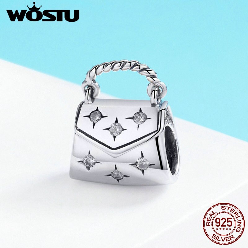 WOSTU 925 Sterling Silver Clear Cubic Zircon Bright Life Handbag Beads Fit For Women Original Brand Bracelet CQC607