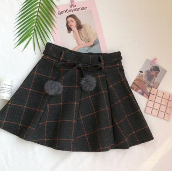 Japanese sweet Autumn Plaid pleated Woolen skirt soft girl cute kawaii preppy style temperament mini JK college uniform skirt