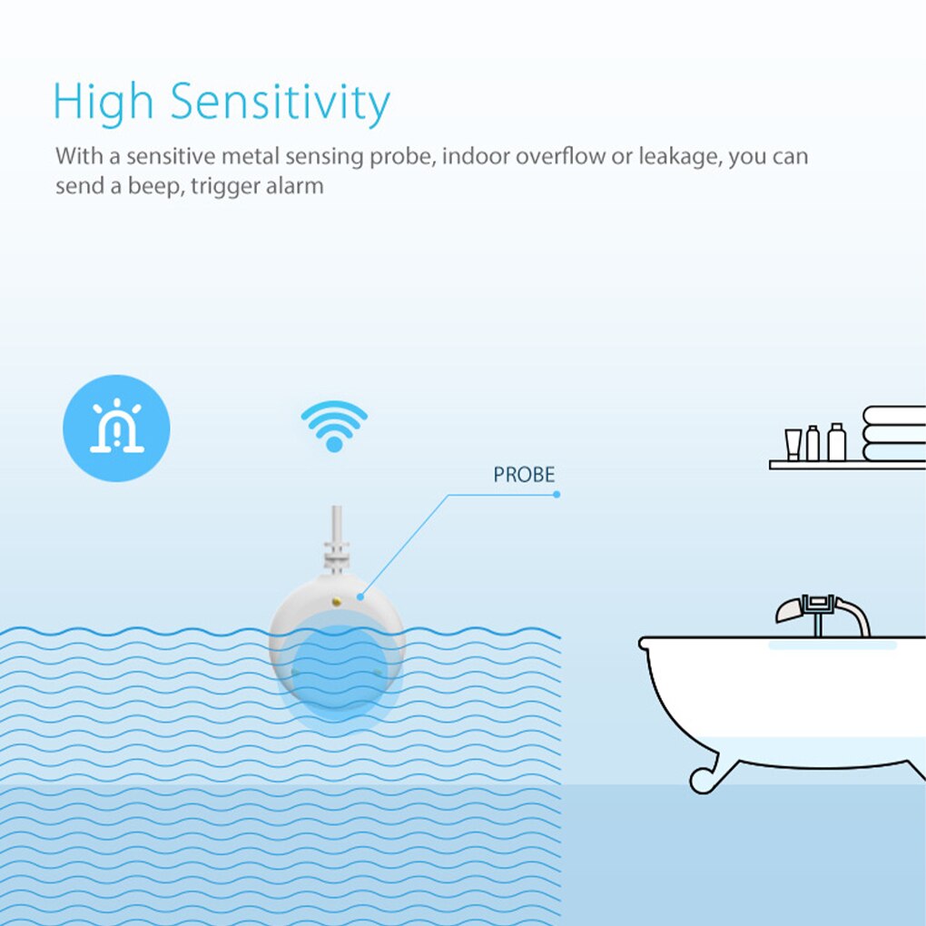 Tuya Kitchen Water Overflow Alarm Alert 2.4Ghz Wireless Smart Flood Sensor Plastic Water Leakage Detector Security