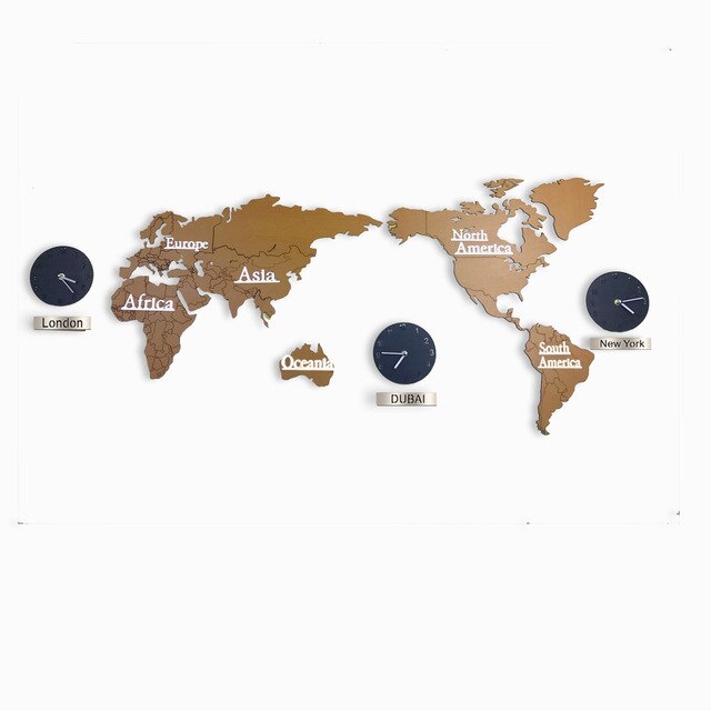 3D World Map Large Wall Clock DIY Wooden MDF Digital Wall Clock wood watch Modern European Style Round Mute relogio de parede: Light Yellow