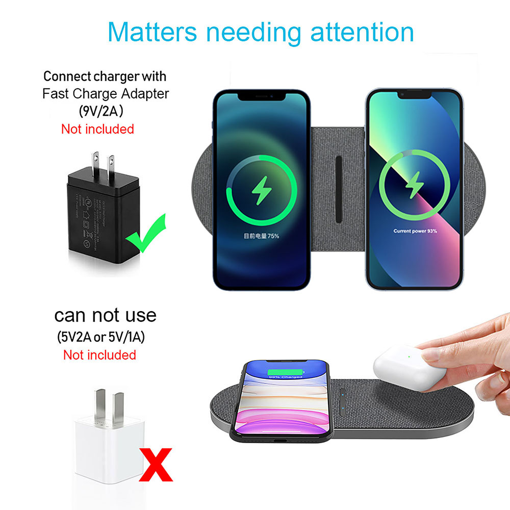 40W 2 in 1 Wireless Charging Pad for iPhone 15 14 13 12 11 Pro Max XS XR X Airpods Pro 3 Fast Charger Mat Dual 20W Station Stand