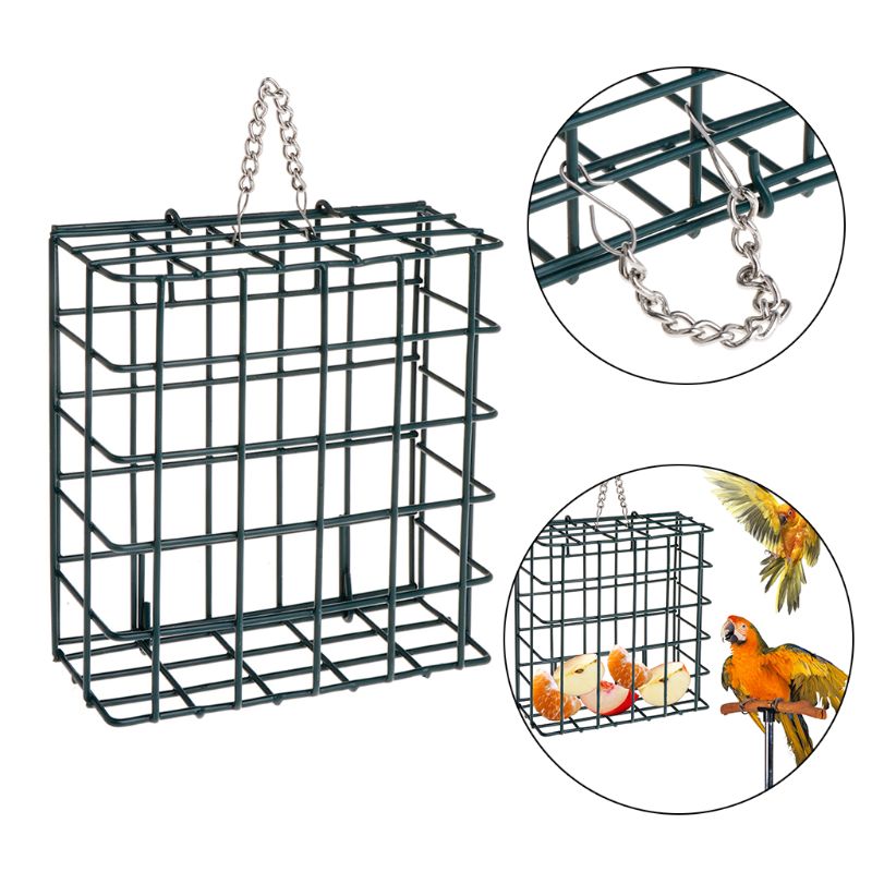 Bird Feeder Green Cube Cage Food Container Outdoor Wild Birds Parrot Feeding Hanging Tree Portable Fruit Vegetable Park Garden