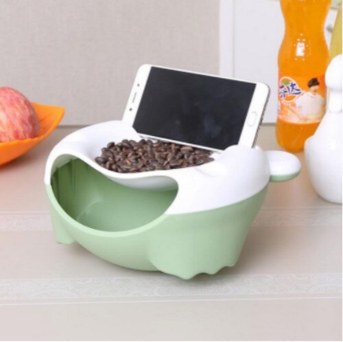 Snack Bowl with Shell Holder, Cute Bear Double Dish Nut Bowl With Cellphone Holder Slot for Pistachio, Peanuts, Sunflower Seed,: White and Green