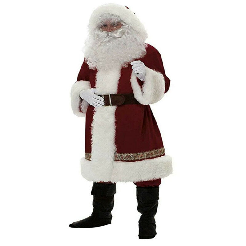 Wine Red Gold Velvet Santa Claus Suit Deluxe Men's Christmas 5 pcs Set Fancy Dress Costumes Xmas Santa Claus Costume