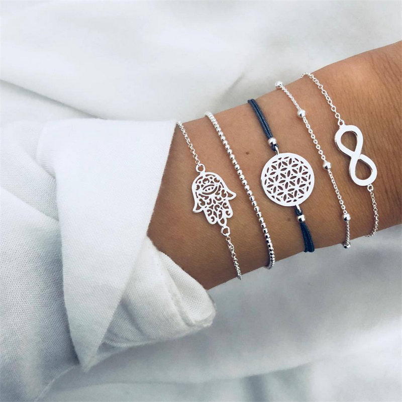 NEWBUY 5Pcs/Set Hollow Palm Round 8 Shape Infinity Charm Bracelets For Women Girl Vintage Silver Color Beads Bracelet