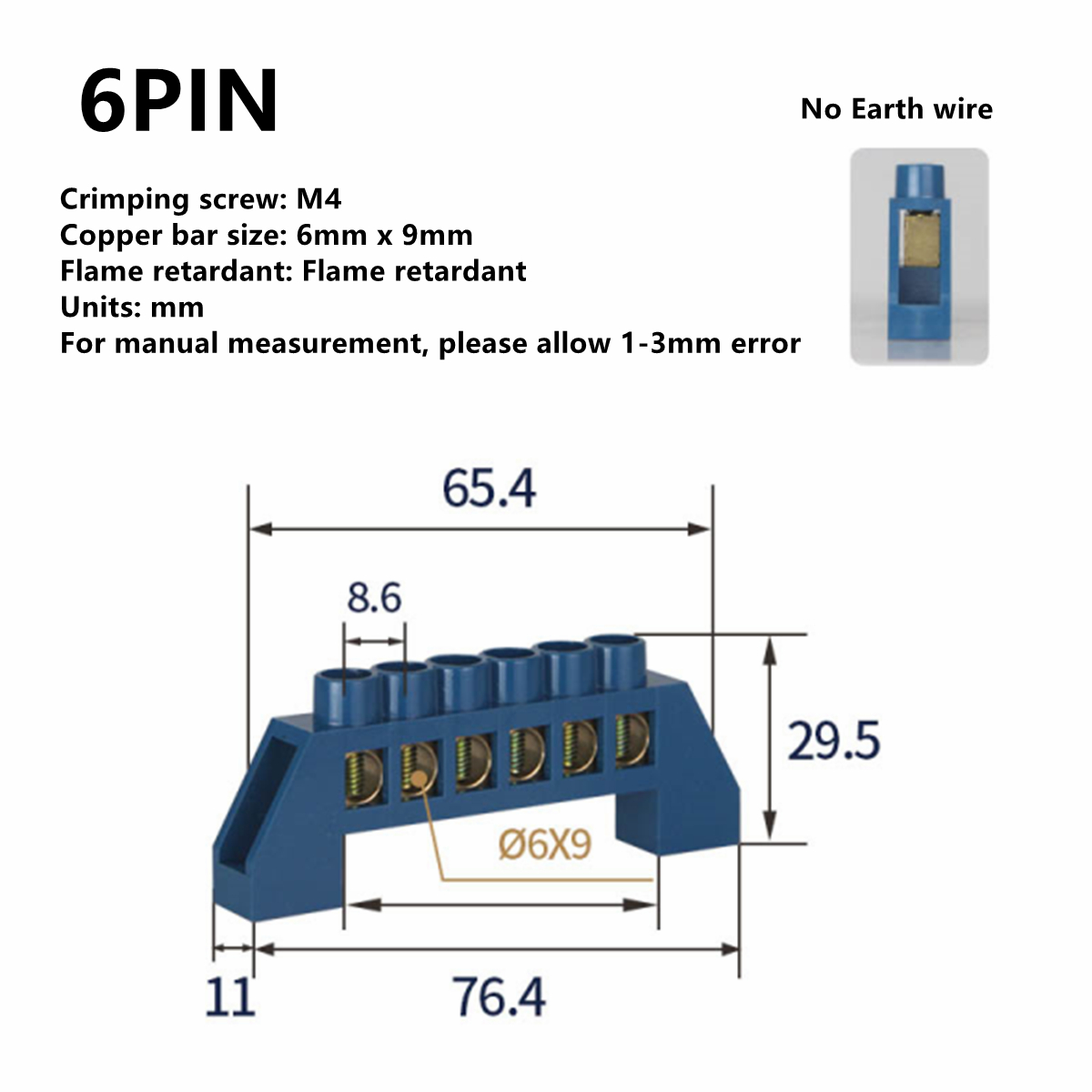 Blue White Green Zero Line 4Pin 6Pin 8Pin 10PiN 12PiN Brass Screw Grounding Bridge Terminal Block Connector Earth And Neutral: Blue 6 Pin