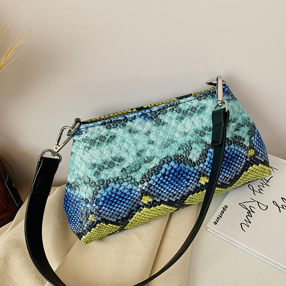 Bolso Retro estampado de serpiente, bolso de mano para mujer, piel sintética, serpentina, informal, de viaje, calle, hombro, bajo el brazo, bolso portátil con asa superior: Azul