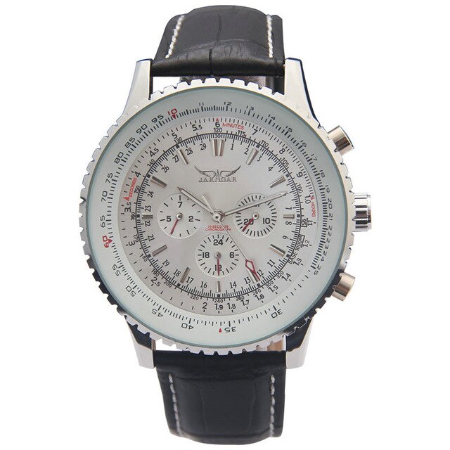 Jaragar Luxe Top Mannen Mechanische Horloges Automatische 6 Handen Lederen Band Horloges Big Dial Voor Man Horloges: white
