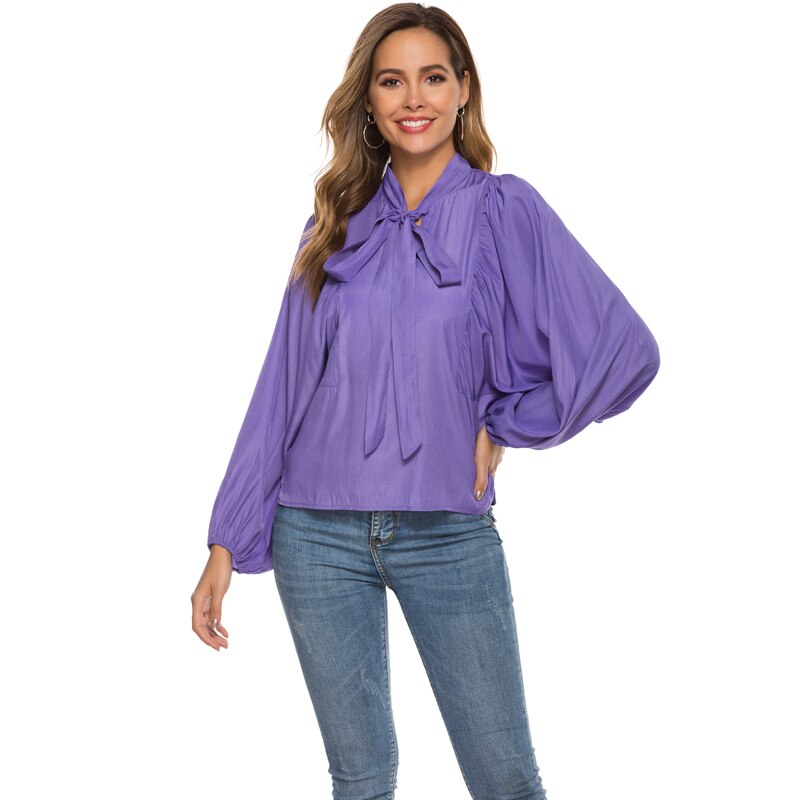 Blusa y blusas de manga larga de linterna para mujer Color púrpura suelta de talla grande de oficina ropa de trabajo camisas primavera otoño