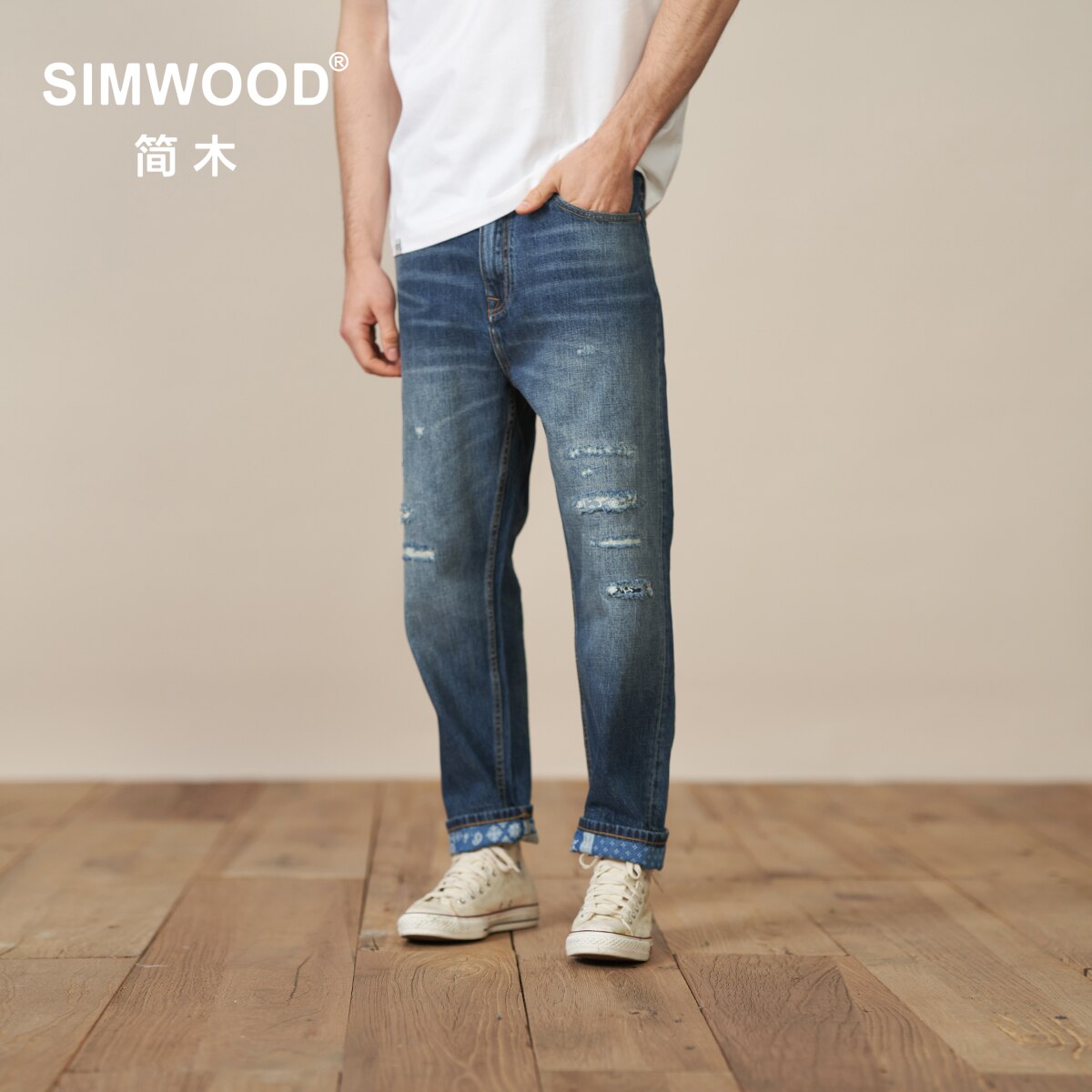 SIMWOOD 2022 Spring Summer Loose Straight Jeans Men Ripped Hole Streetwear Ankle-length Plus Size Denim Trousers