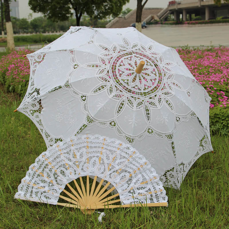 Fabrik Handgemachte Verschiedenen Größen Prom Hochzeit Braut Spitze Regenschirm Fan Sonnenschirm Latte-Burg Spitze Sonnenschirm und Fan einstellen: A0184 Weiß