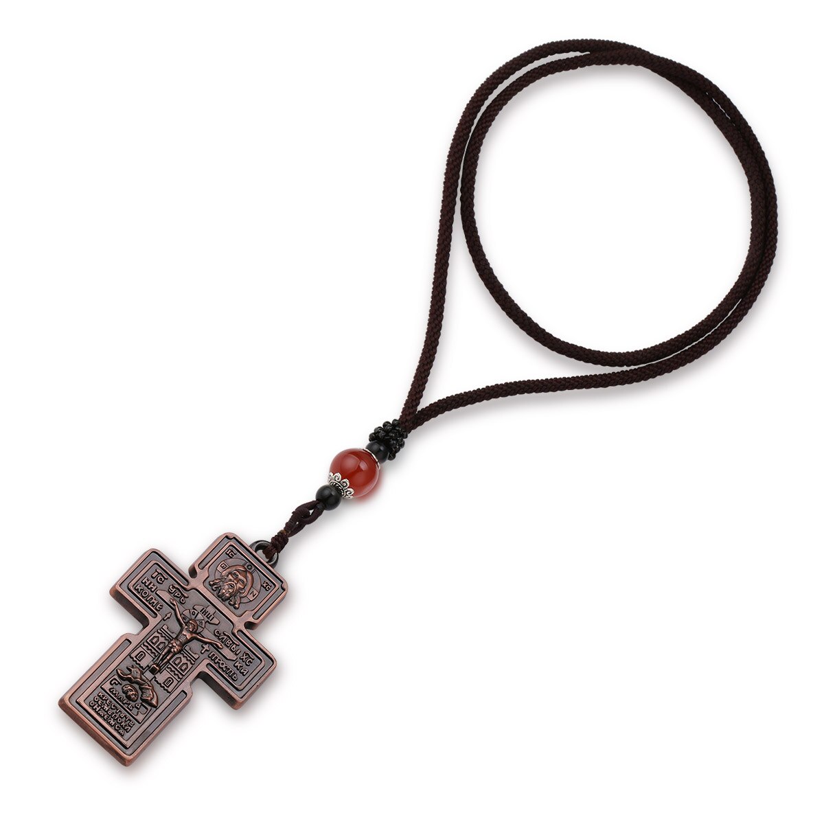 Orthodoxe Jezus Christus Kruis Hanger Kruisbeeld Pantocrator Christelijke Ketting Voor Mannen Gevlochten Touw Ketting Kerk Bid Sieraden: Brown