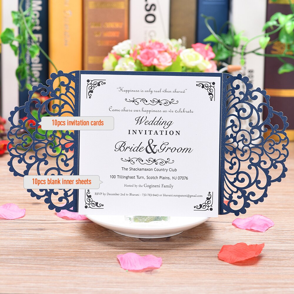 10Pcs Pearl Paper Invitation Cards Delicate Carved Floral Pattern Invitation Cards For Wedding Engagement Bridal Shower: Blue inner sheet