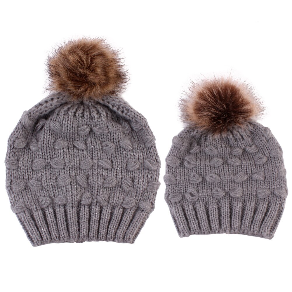 2pc mamma låve strikket ull hatt baby vinter varm hette pompom boble lue hattemaker baby strikk soild bomull blanding kvinner varm vill søt: Grå