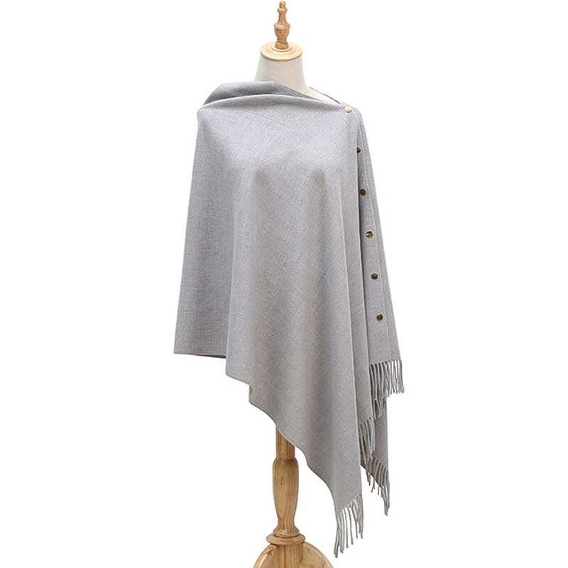 Luxe merk sjaal poncho dames kasjmier effen sjaal cape met knopen multifunctionele deken fular mujer: Grijs