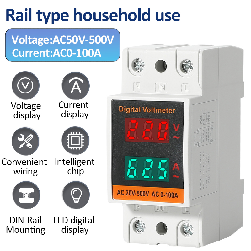 AC Voltmeter Ampèremeter AC50-500V 0-99.9A AC Stroom- en Spanningsmeter Din Rail Dual Display Digitale Elektriciteitsmeter Energiemeter
