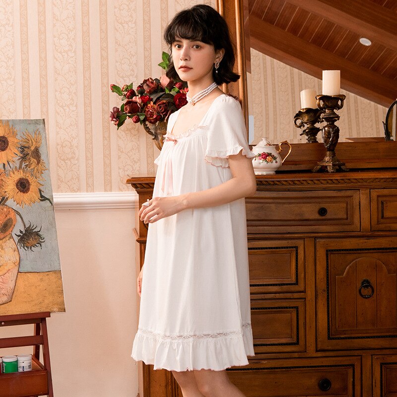Women Vintage Nightgowns Nighty Cotton Viscose Lace Splice Peignoir Sleepwear White Pink Retro Victorian Night Dress Nightwear