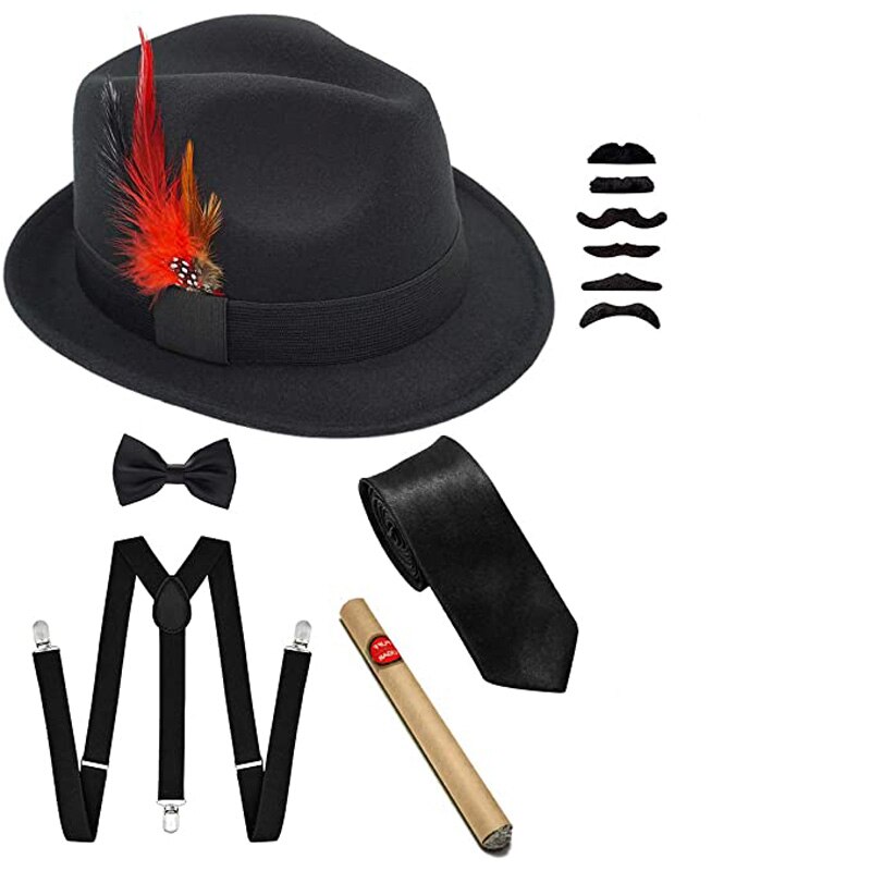 Halloween menn 20s cosplay kostymer tilbehør 1920s tilbehør for menn gatsby gangster kostyme sett panama fedora hatt: Beige