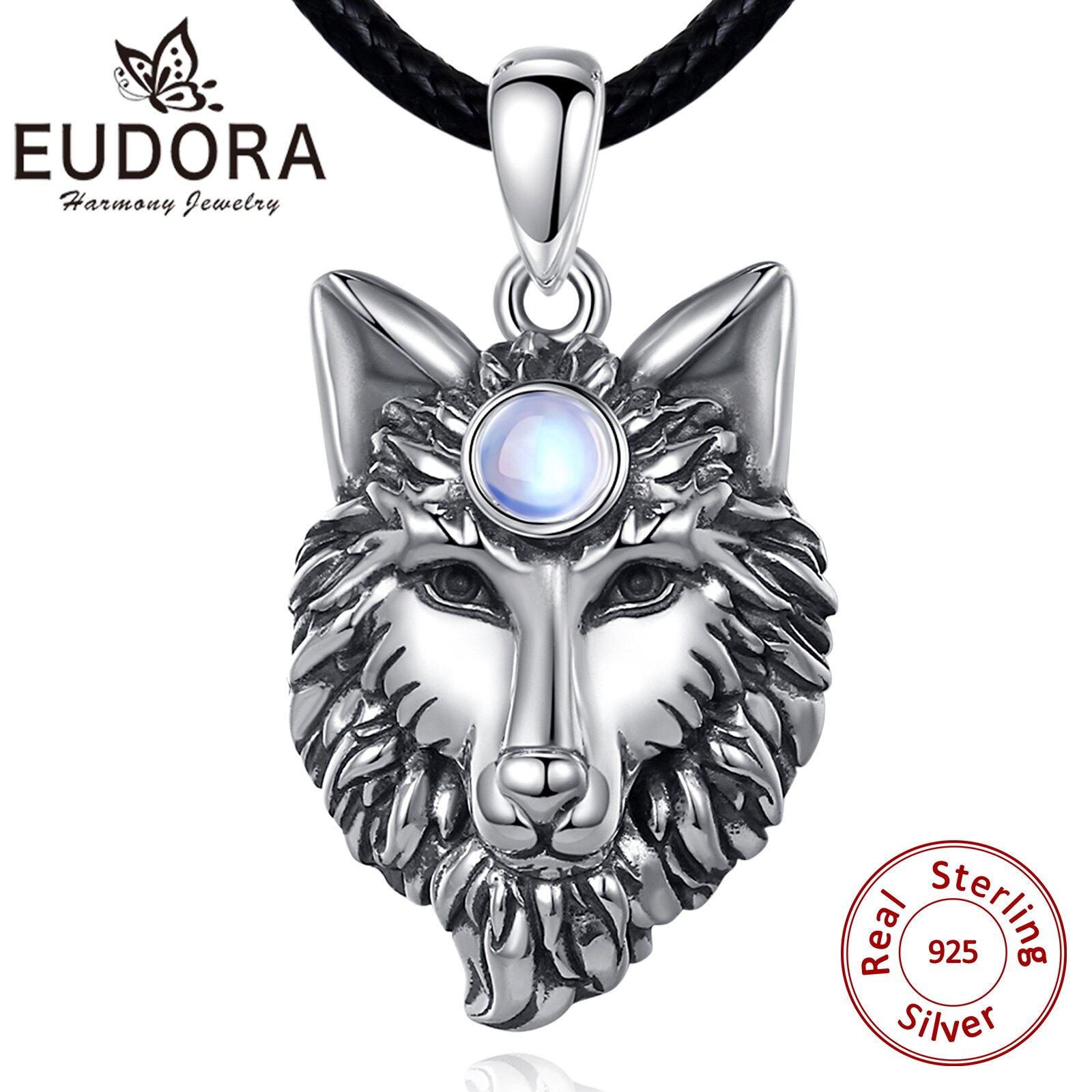 Eudora 925 Sterling Sillver Wolf Hoofd Amulet Hanger Ketting Mode Maansteen Wolf Koning Hanger Warriors Sieraden Voor Mannen Vrouwen