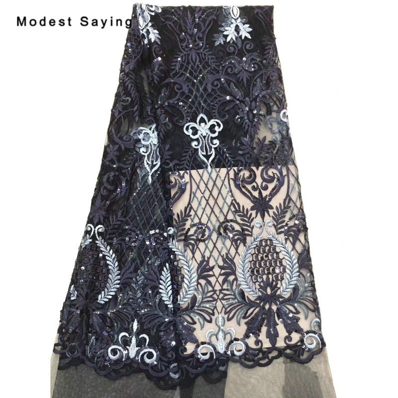 2 yards sort afrikansk sequined blonder stof til aften kjole broderet mesh nigeriansk fest prom tyl blonder materiale: Marine blå