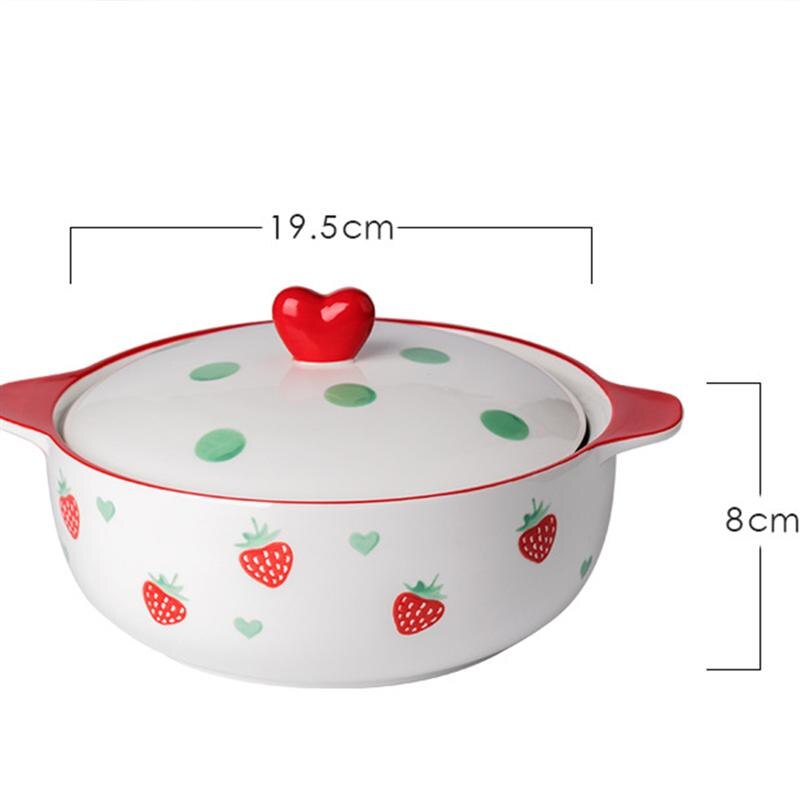 Cuenco Binaural de cerámica de 1,5 l con tapa tazón de sopa de gran capacidad de fresa cuenco para servir comida para cocina casera