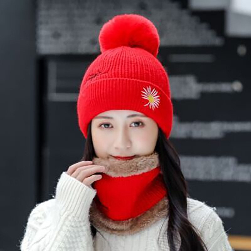 Autumn Winter daisy flower embroidery Women Hat Scart Set plus velvet thick woolen hat knitted hat Female Beanie Scarf: red