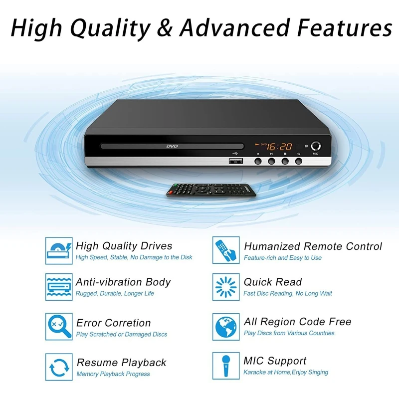 Full Hd Dvd Speler + Afstandsbediening 1080P High Definition Cd/Evd/Vcd Speler Met Av Hdmi Output Microfoon Usb Voor Home Tv Ktv