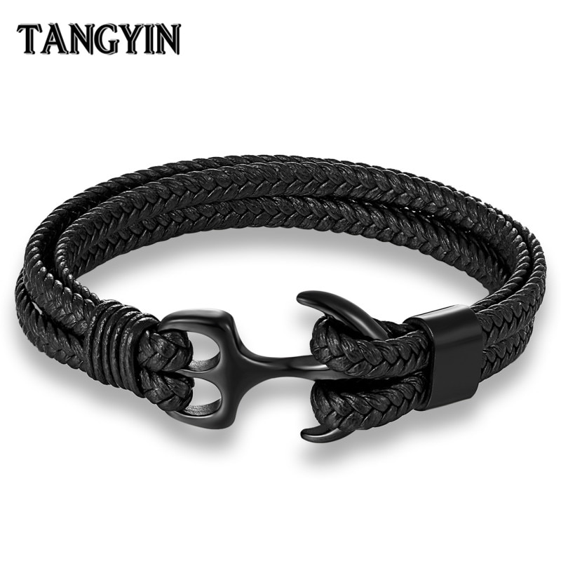 Charm Multilayer Men Leather Bracelet Black Gold Black Stainless Steel Survival Rope Anchor Bracelets for Men Male Jewelry