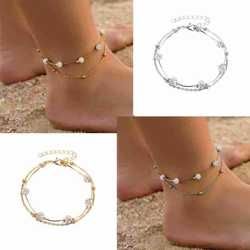 Double Plage Cheville Or Argent Couleur D'été Plage Pied jambe Feminin Sandales Pieds Nus cheville Accessoires Bracelet R1W6
