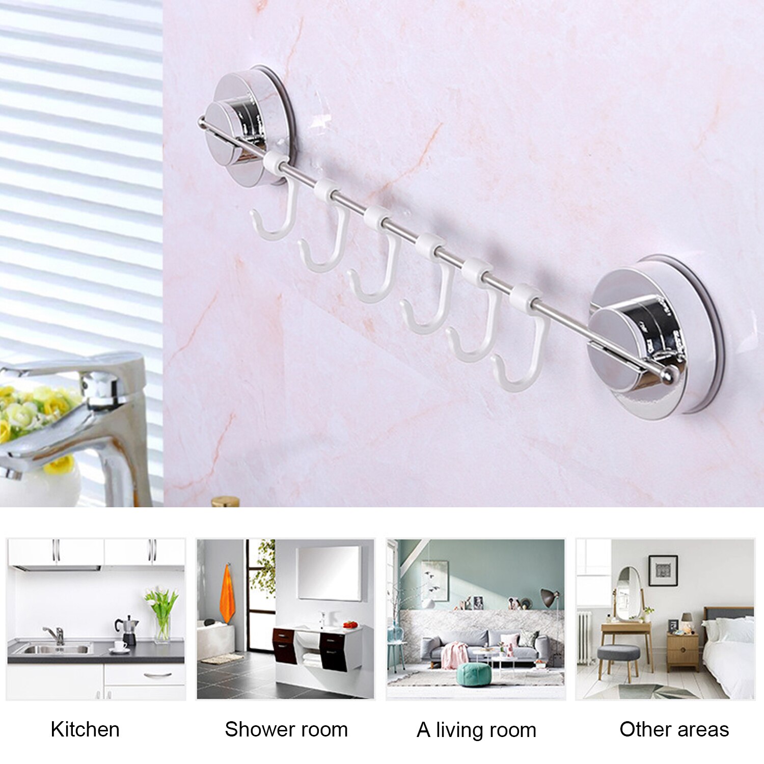 Colgador de gancho con ventosa para el hogar, barra de toalla de montaje en pared con 6 ganchos, para baño, cocina, organizador de toallas