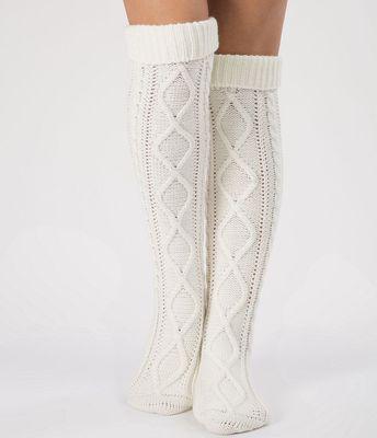 Tykke benvarmer kvinder støvler tilbehør strikket argyle mønster lange sokker over knæhøjde varme 7 farver hæklet: Hvid