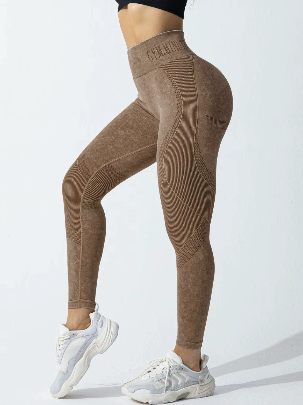 Women Seamless Gym High Waist Yoga Pants Hip Lifting Outdoor Sports Tight Waist Letter Sand Washed Pants Exercise Yoga Leggings: S / Brown
