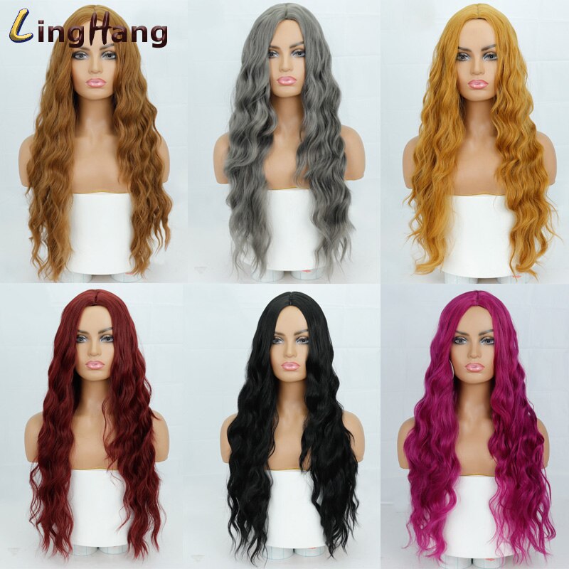 Leng Hangen Lange Water Wave Kapsel Pruiken Paars Blauw Roze Goud Hoge Temperatuur Synthetische Midden Pruik Cosplay Vrouwelijke Pruik